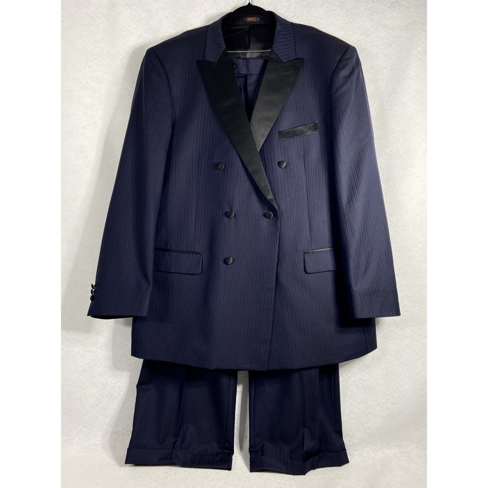 Apollo King 2PC Pant Suit Men Blue Double Breasted 350's Wool Striped MINT